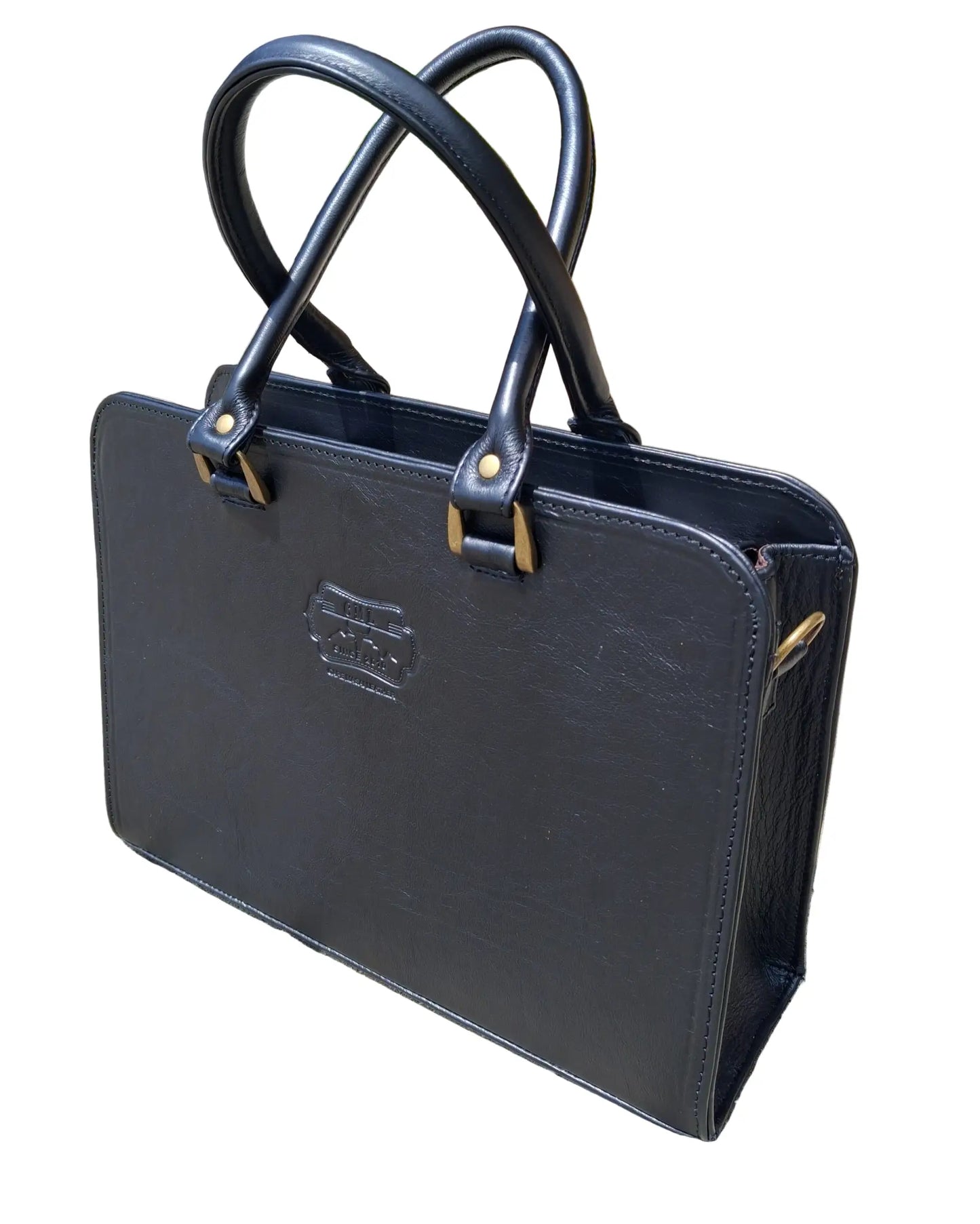 A Black Cape designer Laptop bag handbag with gold accents on a white background