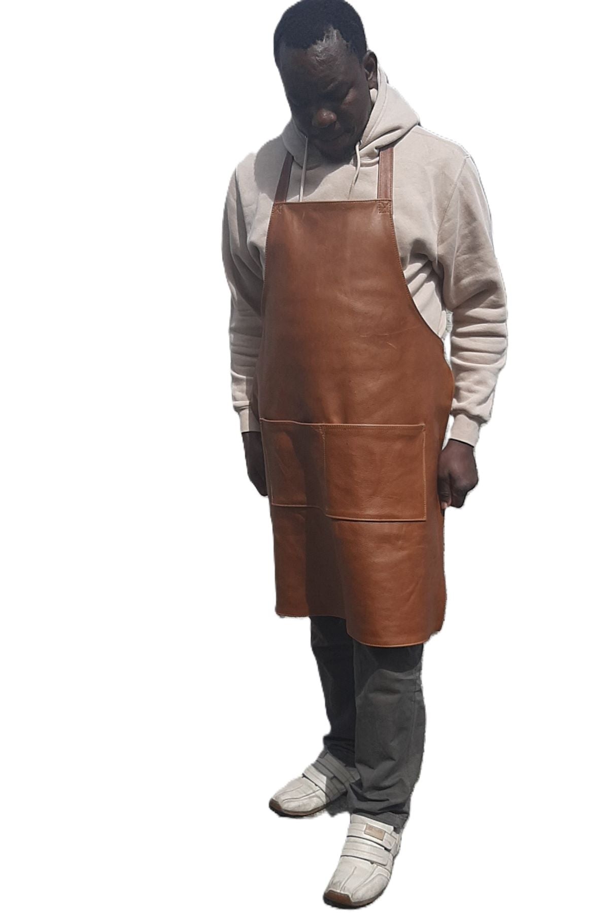 Harryson J Odari were Cape Masai Leather apron in pecan tan