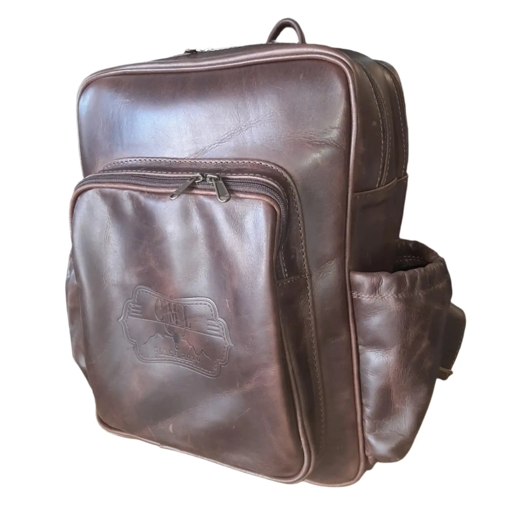 Everyday School Laptop Backpack with side pockets in diesel brown made by Cape Masai Leather.