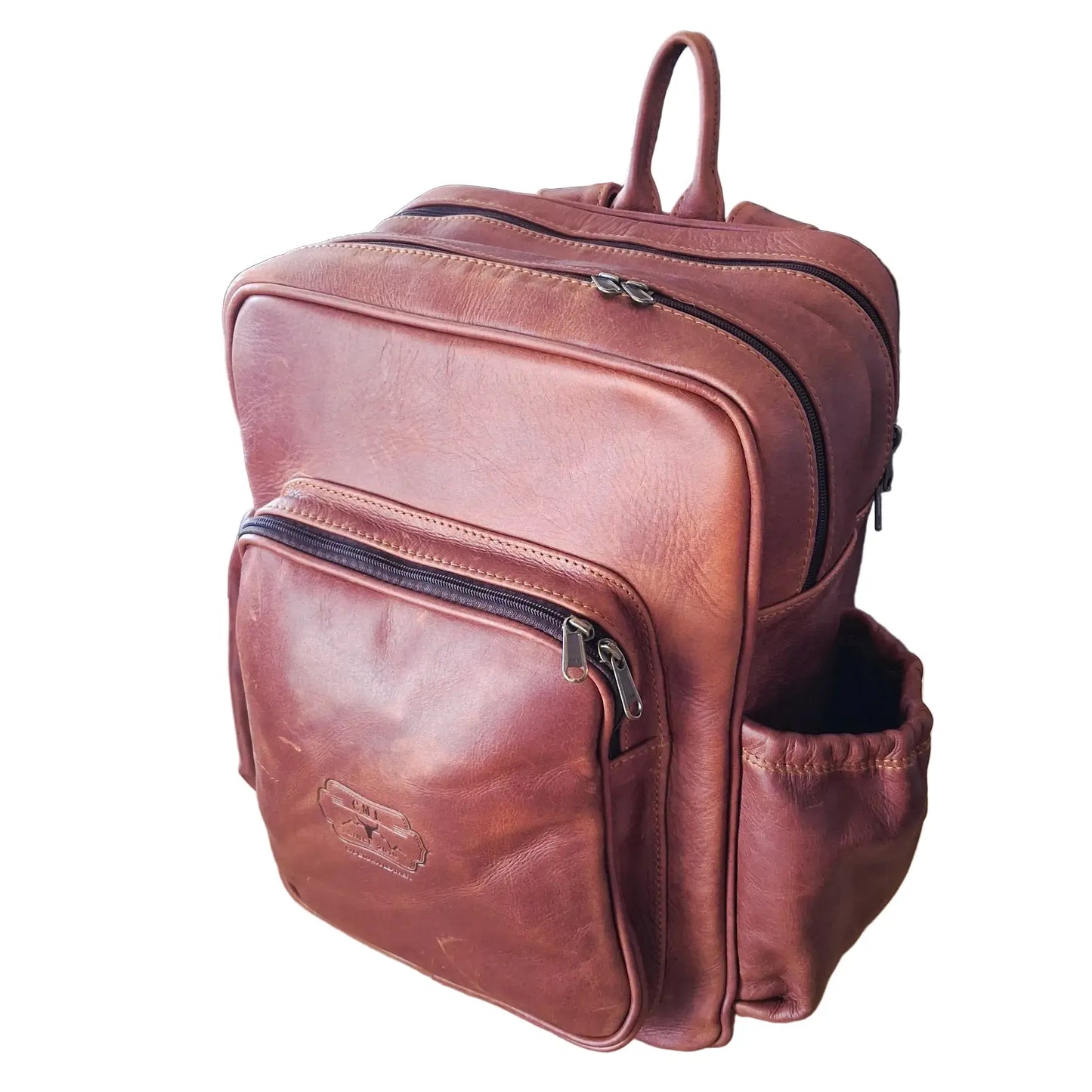 Everyday School Laptop Backpack in diesel pitstop cigar with side pockets made by Cape Masai Leather.