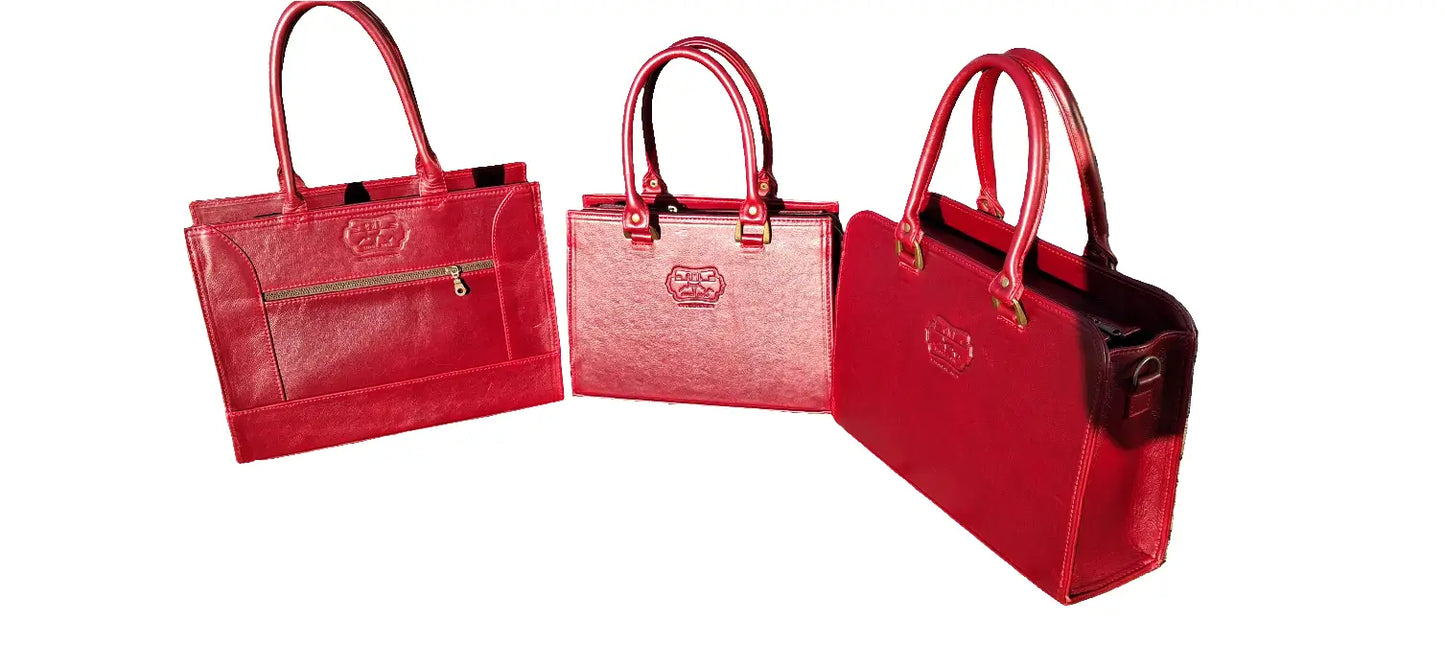 Kirstein 14" Laptop bag in cherry red colour with a gold zipper on a white background