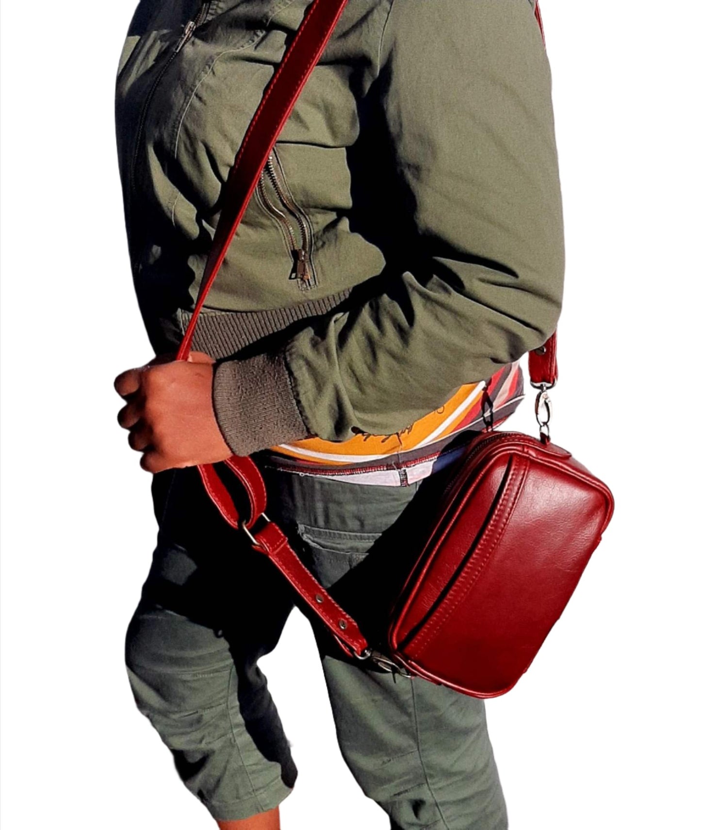 a beautiful lady carrying Lady X Leather Sling in cherry red