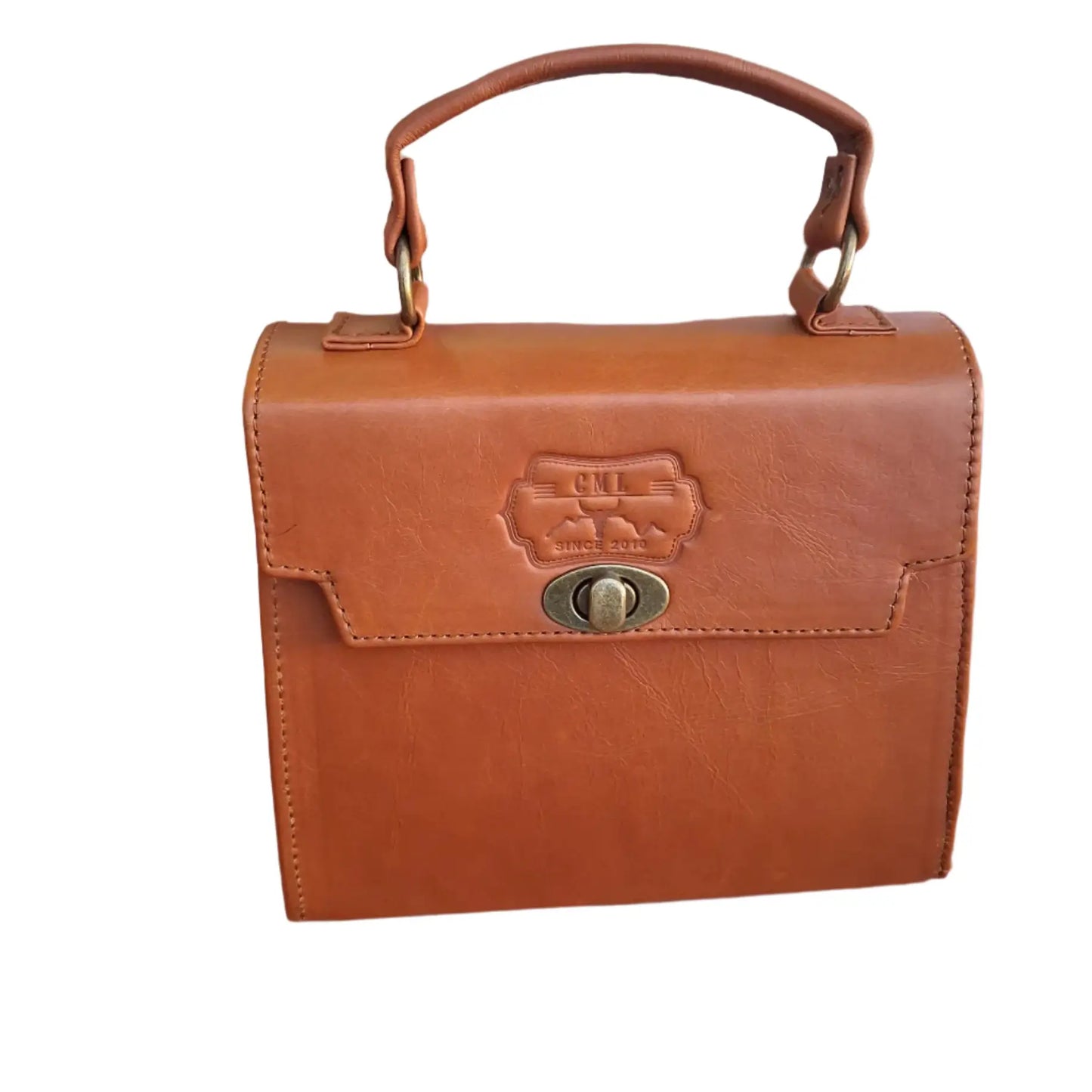 Brown Lawrene designer handbag with a handle on a white background