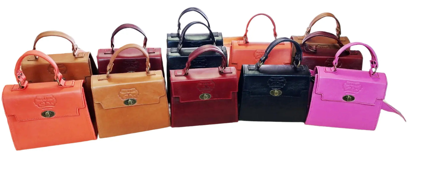 Set of Lawrene designer handbag colourful handbags arranged in a row on a white background