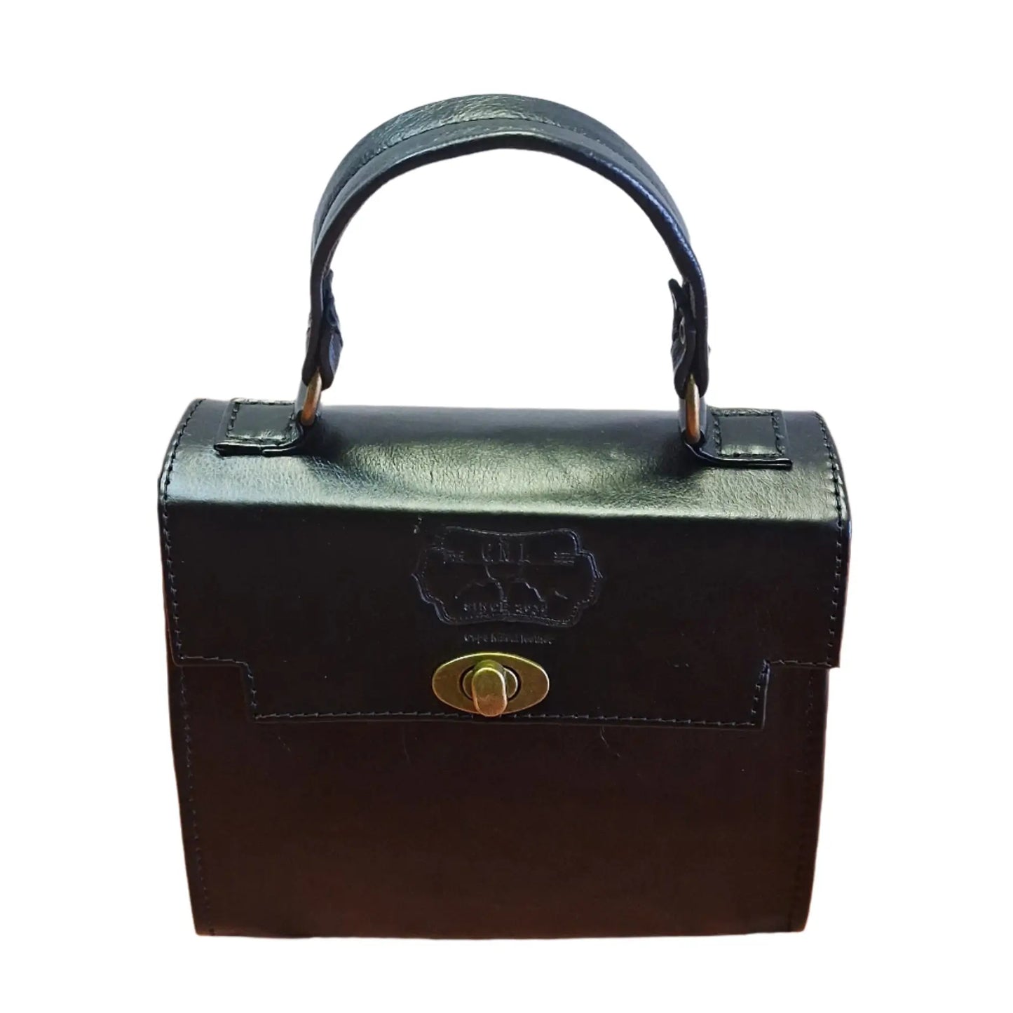 Black Lawrene designer handbag with a gold clasp on a white background