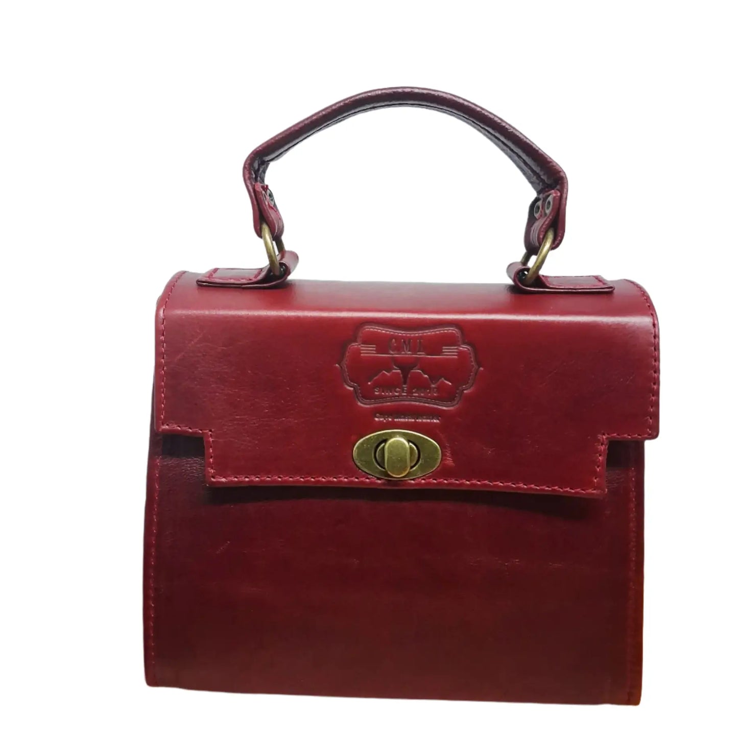 Cherry red Lawrene designer handbag with a gold clasp on a white background