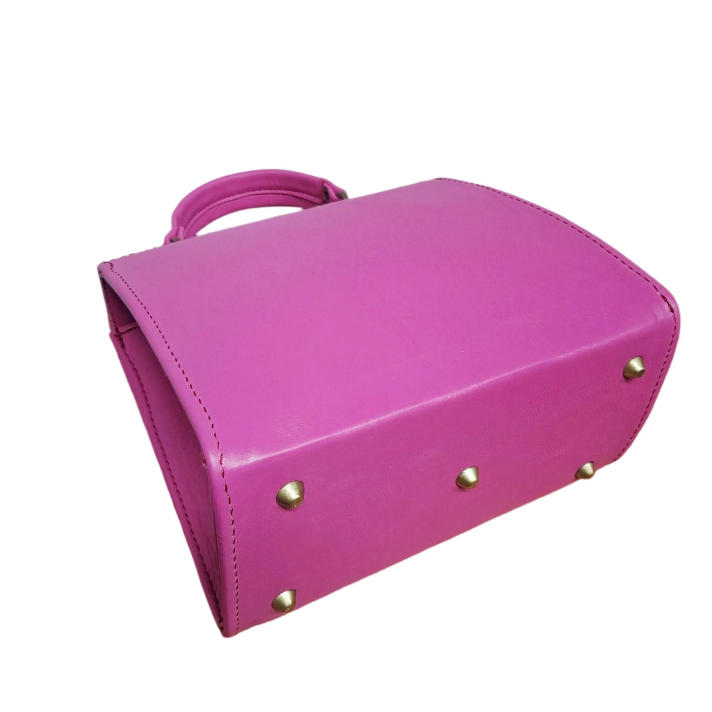 Pink Lawrene designer handbag with gold studs on a white background