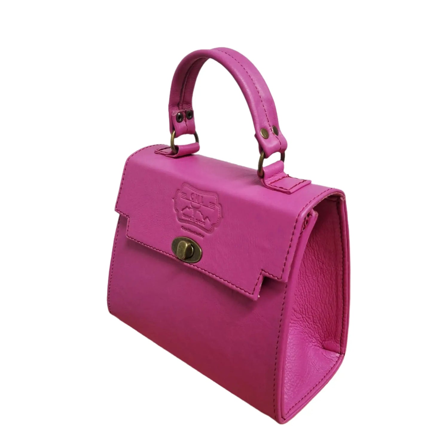 Pink Lawrene designer handbag with a gold clasp on a white background