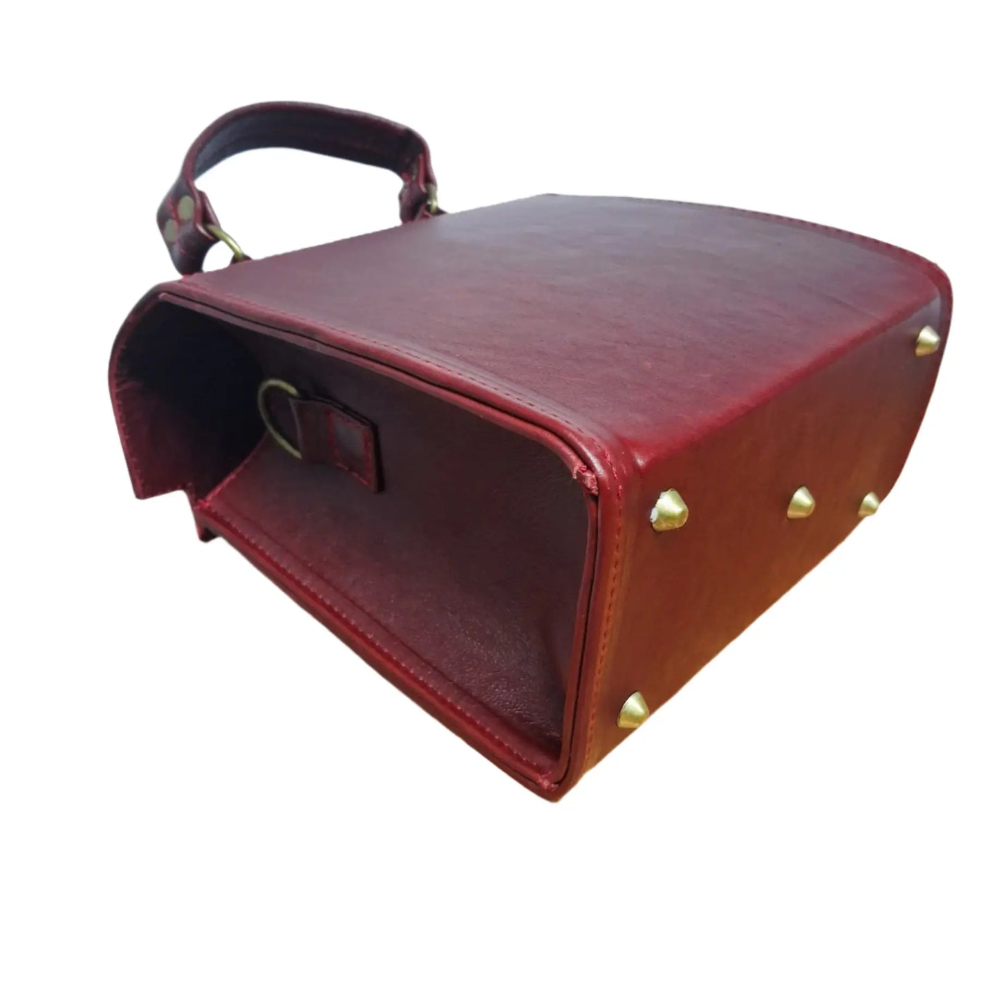 Red Lawrene designer handbag with gold studs on a white background