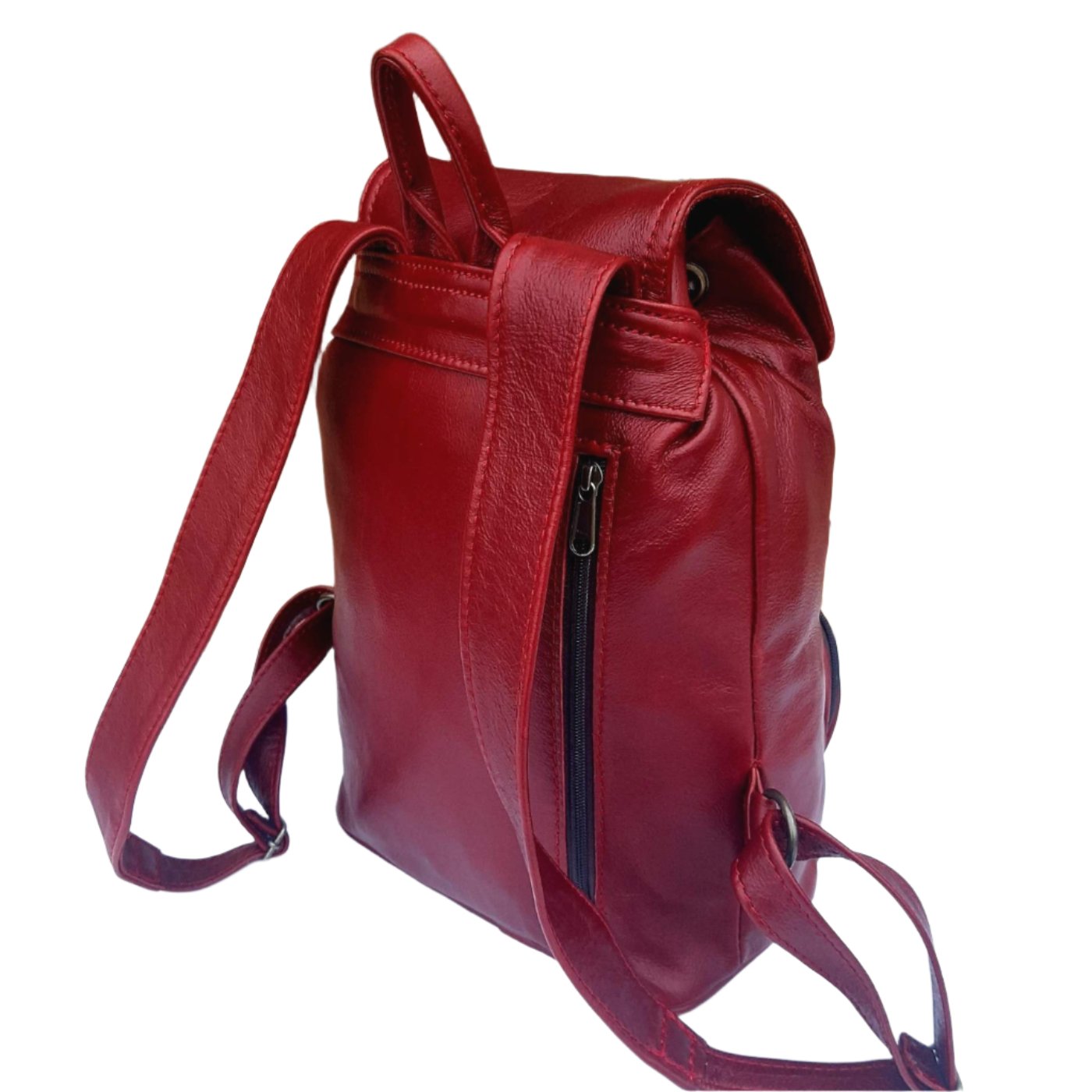 leather backpacks flap backside  in cherry red  colour made by Cape Masai Leather