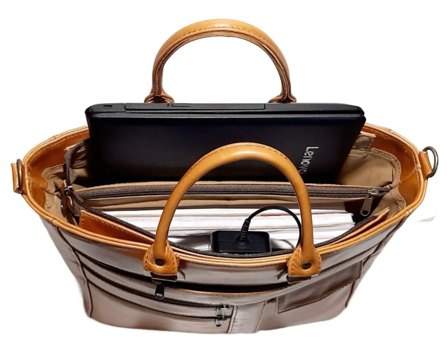 MDL ladies Laptop bags 15'' with a laptop, charger, and books inside light tan