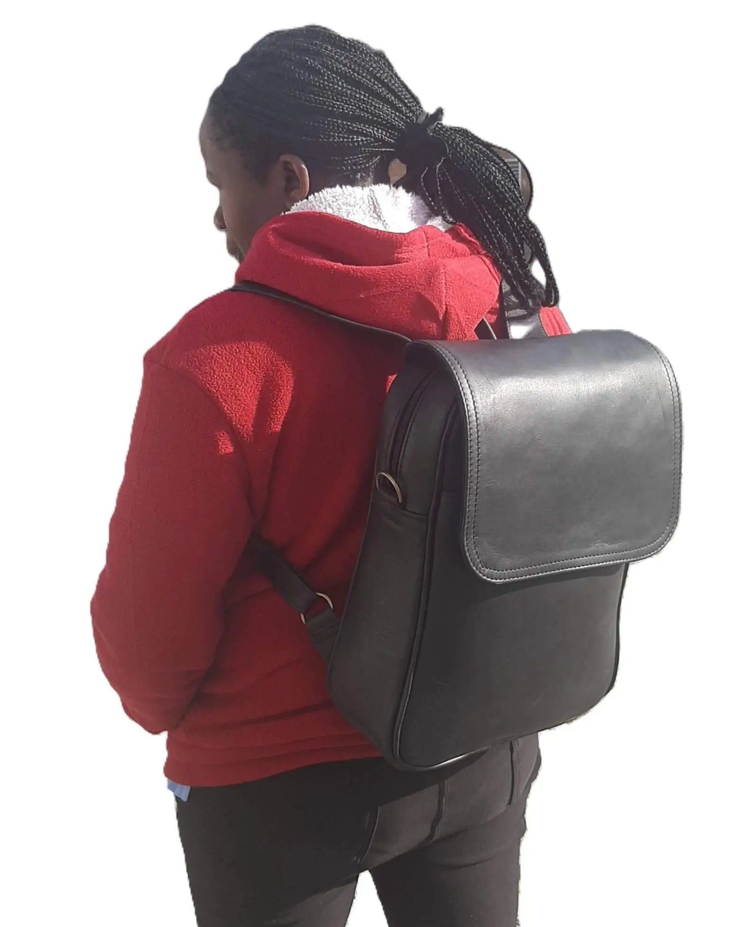 A lady carrying Masai Leather Laptop Backpack 14 Inches side