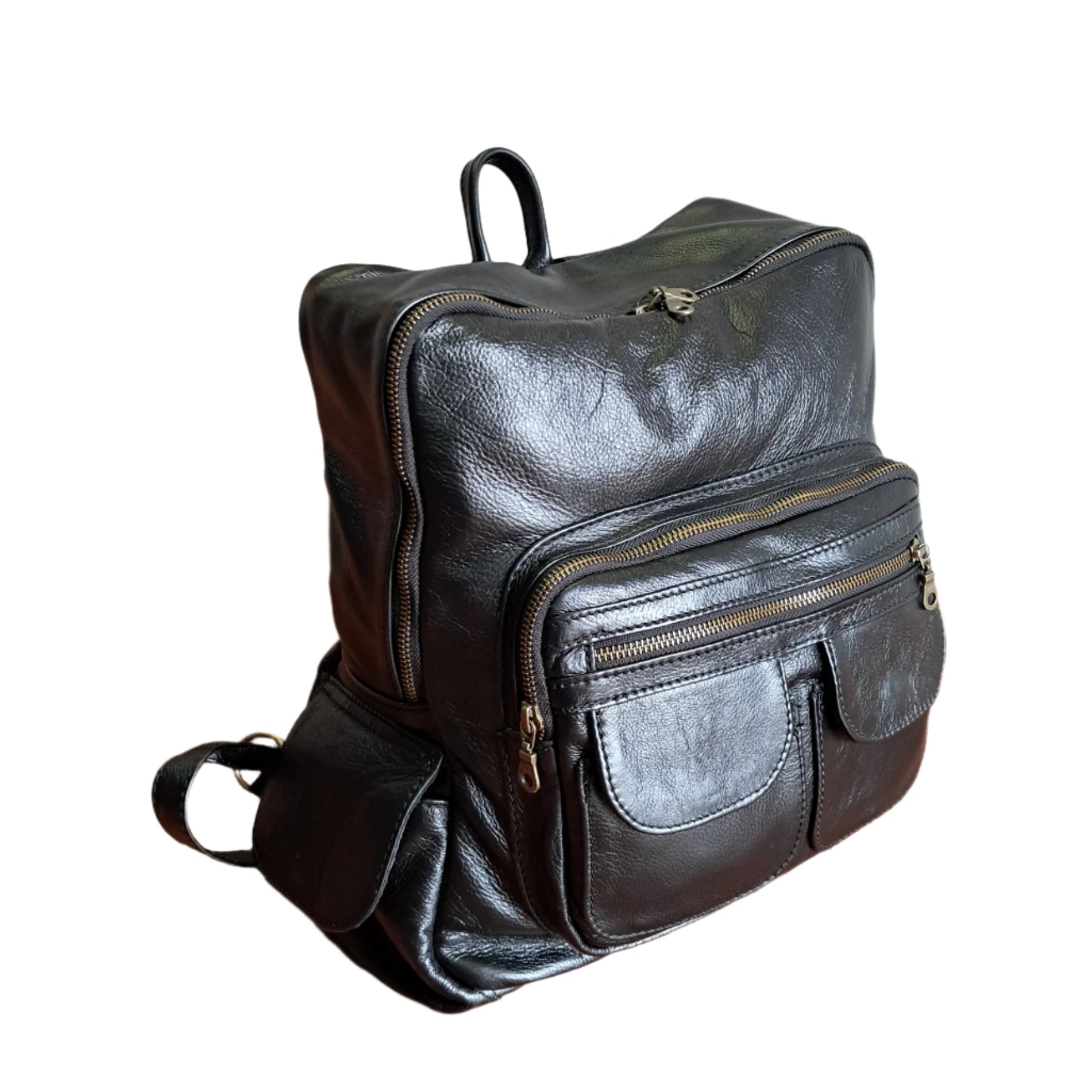 Ethically crafted leather backpack in black with African patterns in Cape Town South Africa`