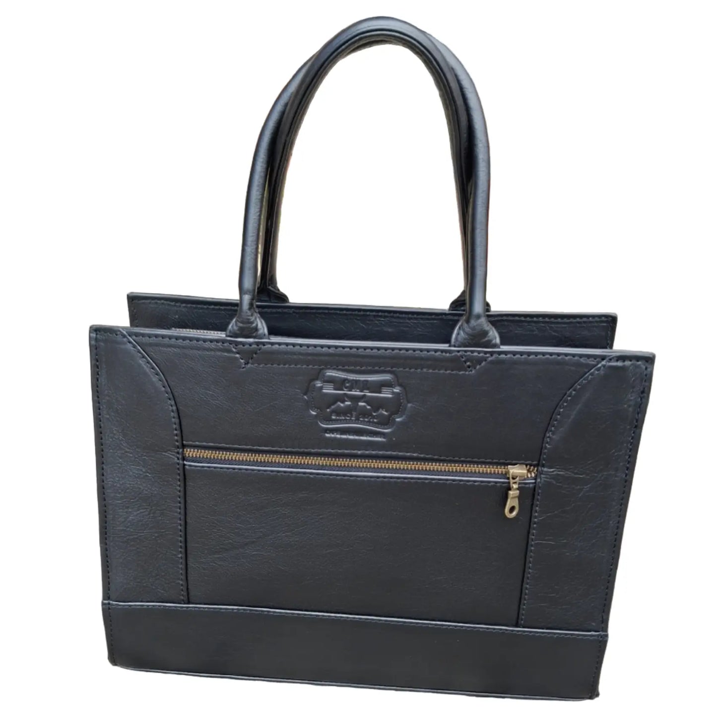 Kirstein 14" Laptop bag in black colour with a gold zipper on a white background