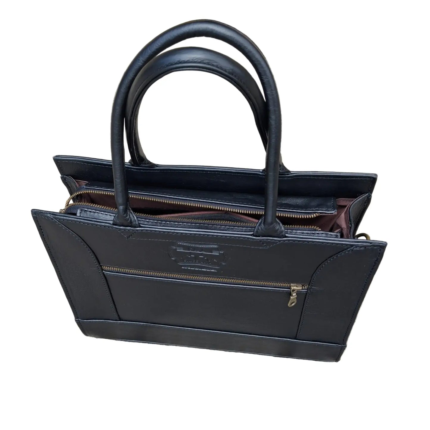 Kirstein 14" Laptop bag in black colour with a gold zipper on a white background with top zip opened