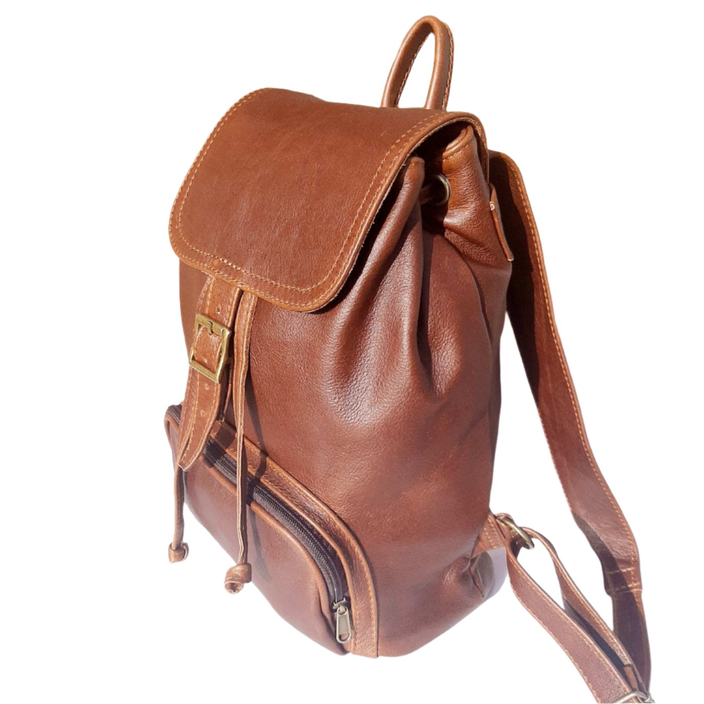 leather backpacks flap in pecan  tan colour made by Cape Masai Leather
