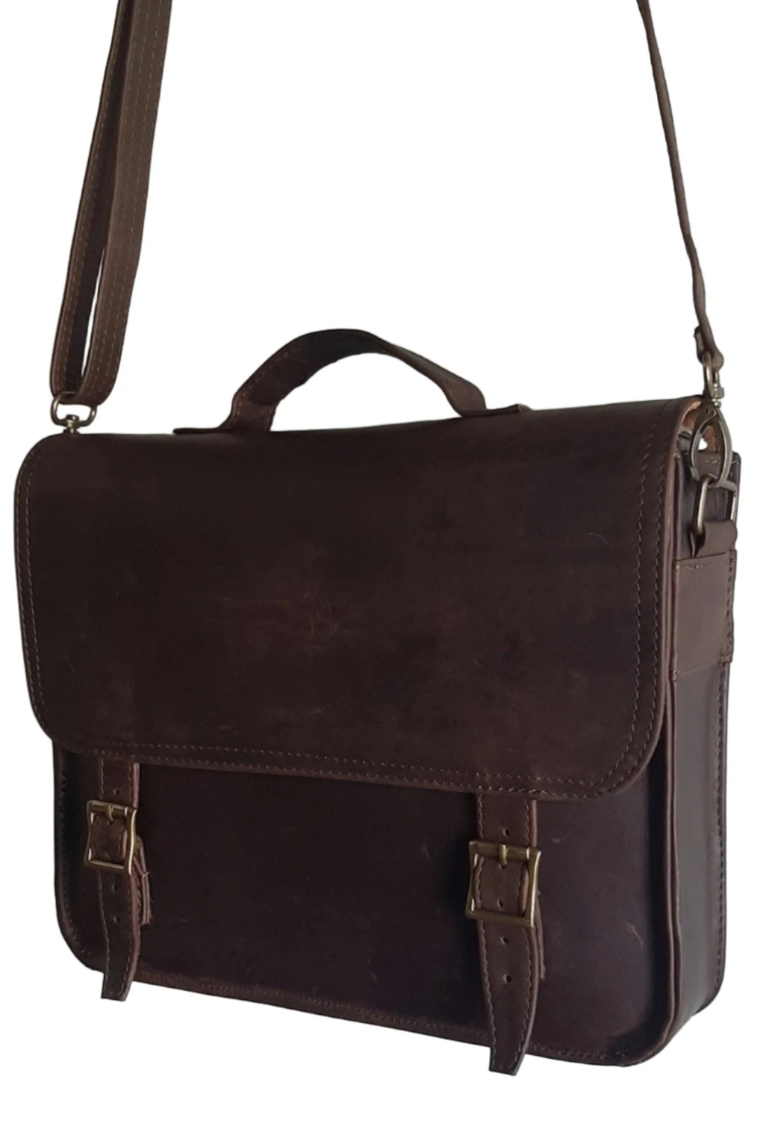 A beautiful genuine leather handmade Carryn 13-14" laptop bag in diesel brown colour