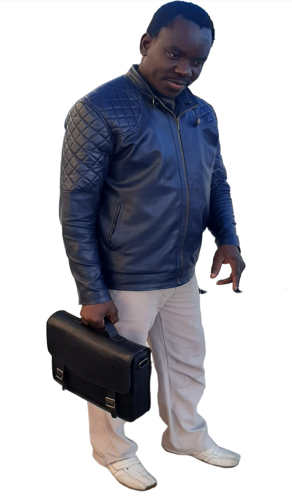 A smart dressed gentleman in in a dark blue geniune leather jacket carrying a geniune leather hand made vintage laptop bag from Cape Masai Leather