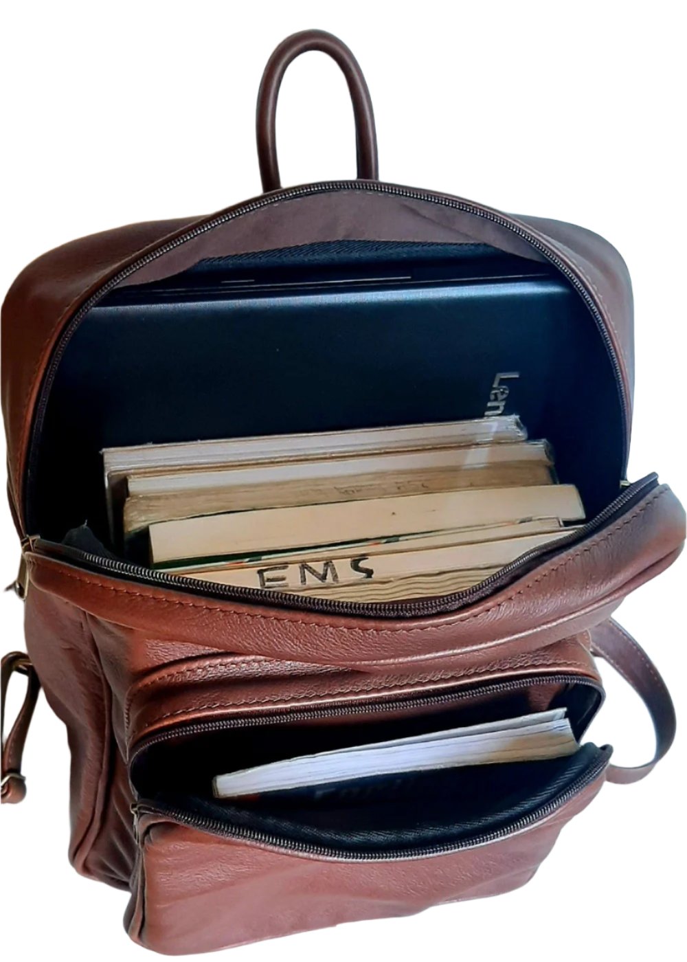 Open genuine leather Everyday laptop backpack 15" with a laptop and books in. Designed by Cape Masai leather.