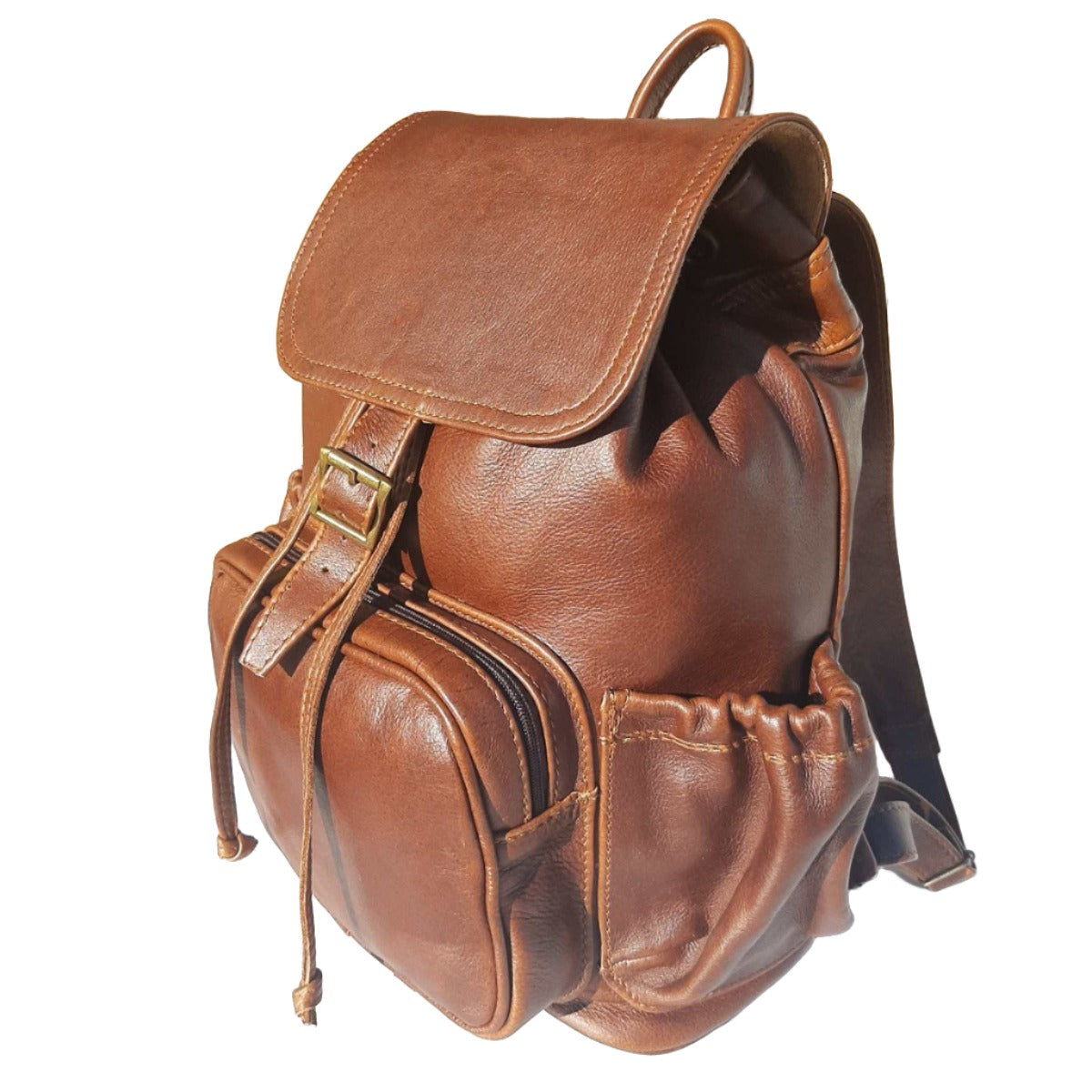 Leather Backpacks with flap XL in Pecan tan colour- cape Masai leather