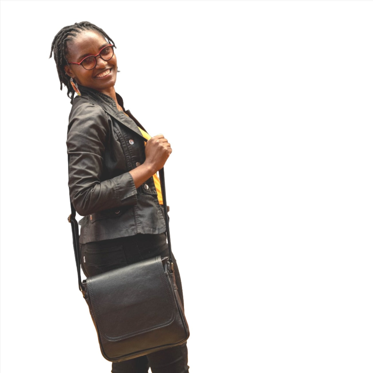 A  lady carrying a beautiful crossbody Sheryl leather bags from Cape Masai leather  in Cape Town