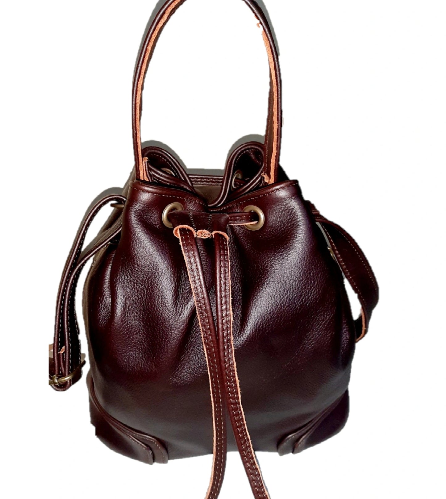 Tin bucket bags dark tan is genuine leather hand made products by Cape Masai Leather in Cape Town South Africa.