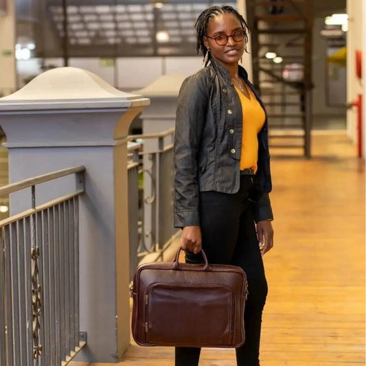 A beautiful African Masai Lady caring Iconi 15" laptop briefcase bags dark tan- Cape Masai leather