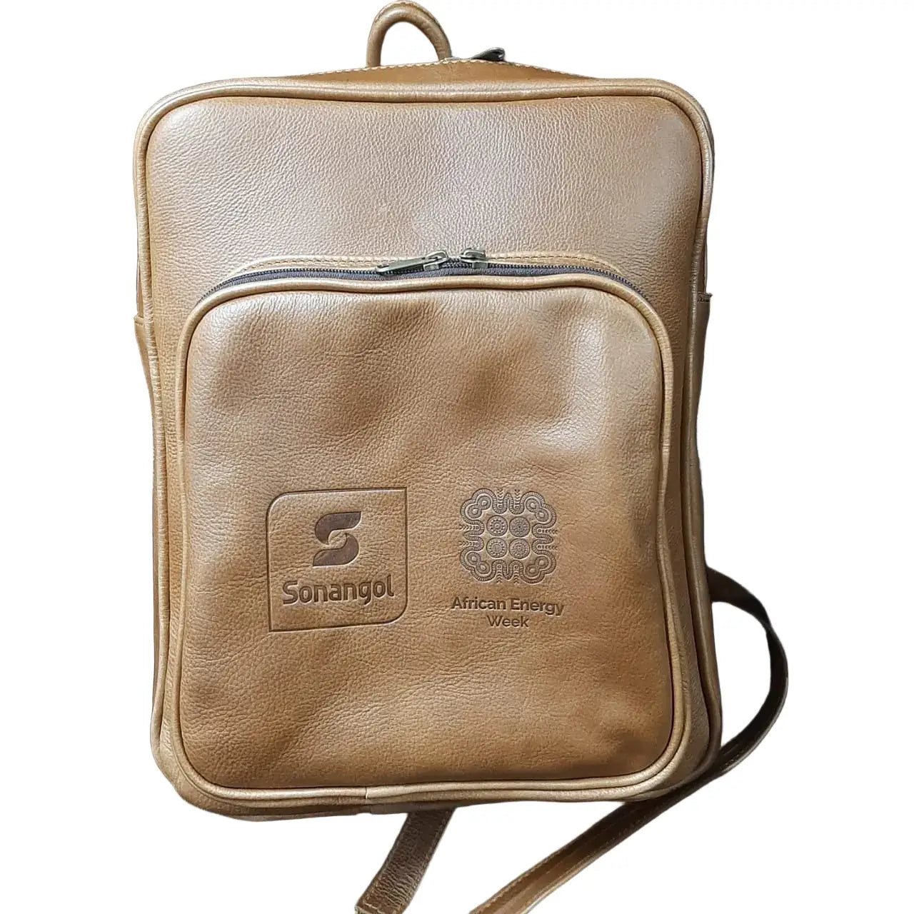 Pecan tan backpack with corporate branding logos on a white background 