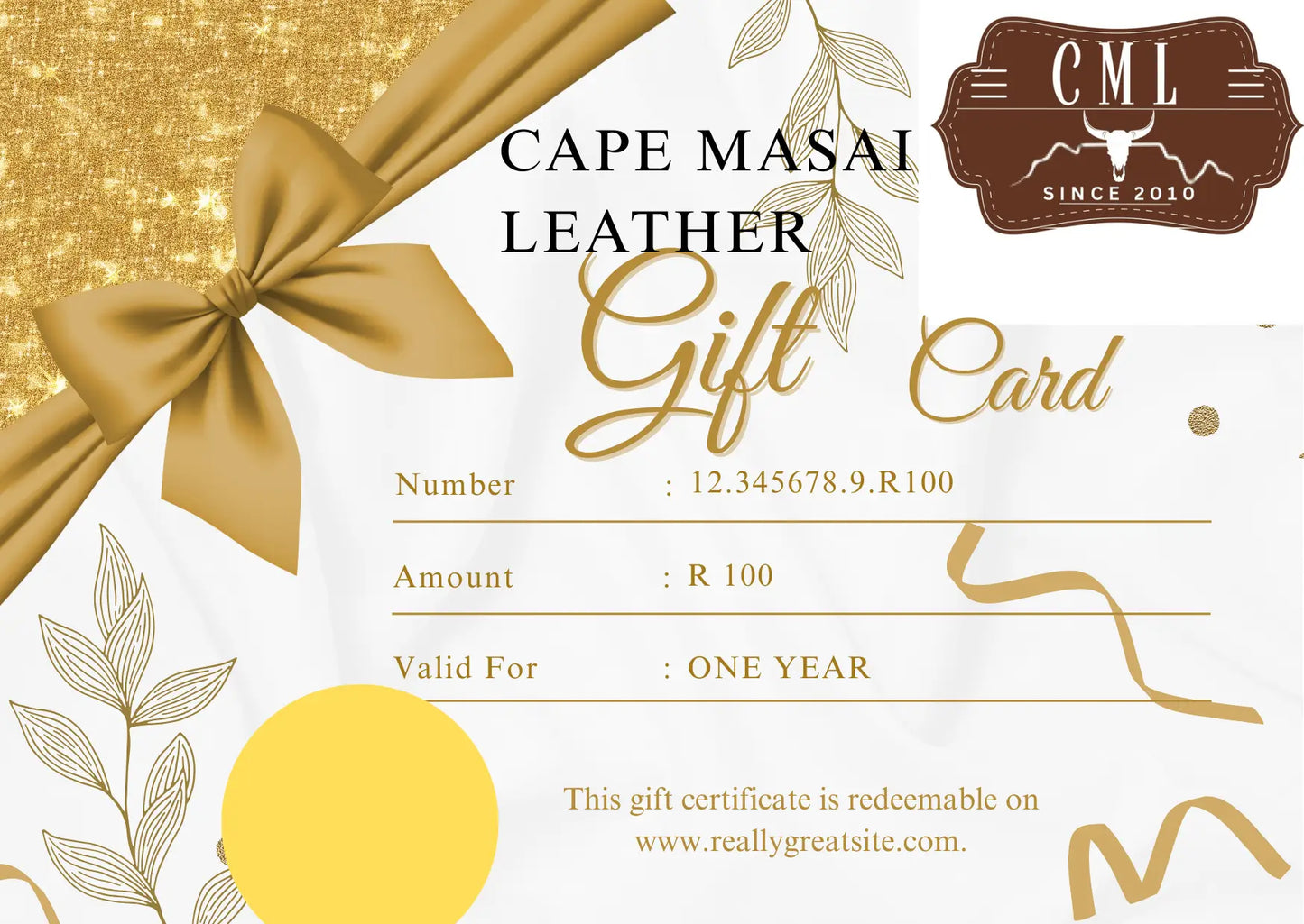 Cape Masai Leather gift card with gold ribbon and decorative elements on a white background