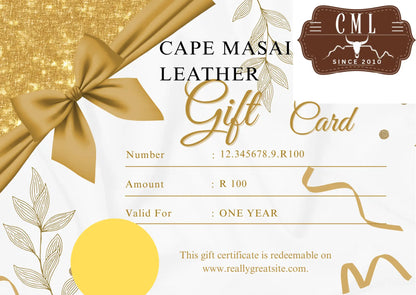 Cape Masai Leather gift card with gold ribbon and decorative elements on a white background
