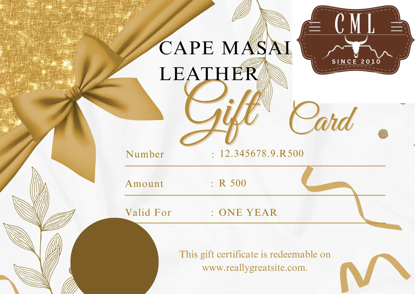 Cape Masai Leather gift card with gold ribbon and decorative elements on a white background