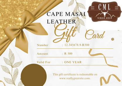 Cape Masai Leather gift card with gold ribbon and decorative elements on a white background