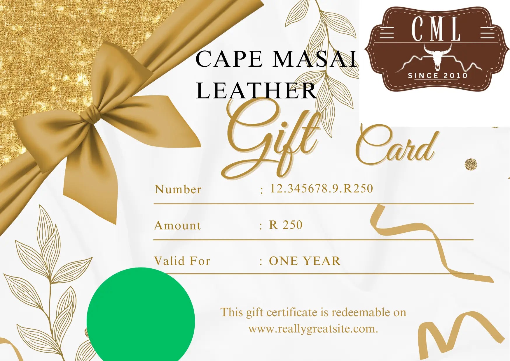 Cape Masai Leather gift card with decorative elements and branding.