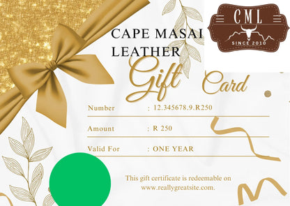 Cape Masai Leather gift card with decorative elements and branding.