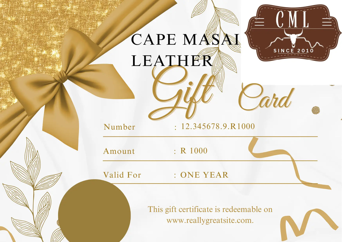 Cape Masai Leather gift card with gold ribbon and decorative elements on a white background