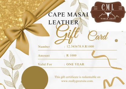 Cape Masai Leather gift card with gold ribbon and decorative elements on a white background