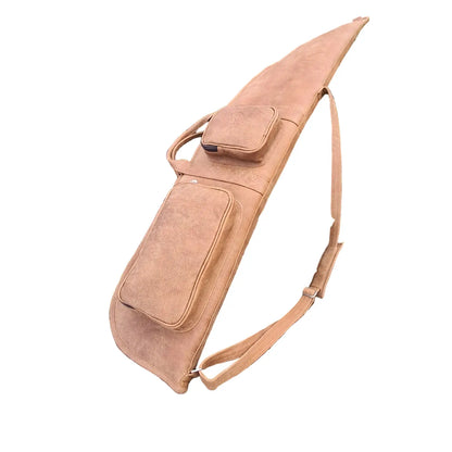 Cape Masai Leather rifle bag / guitar case in pecan tan and bitter brown on a white background