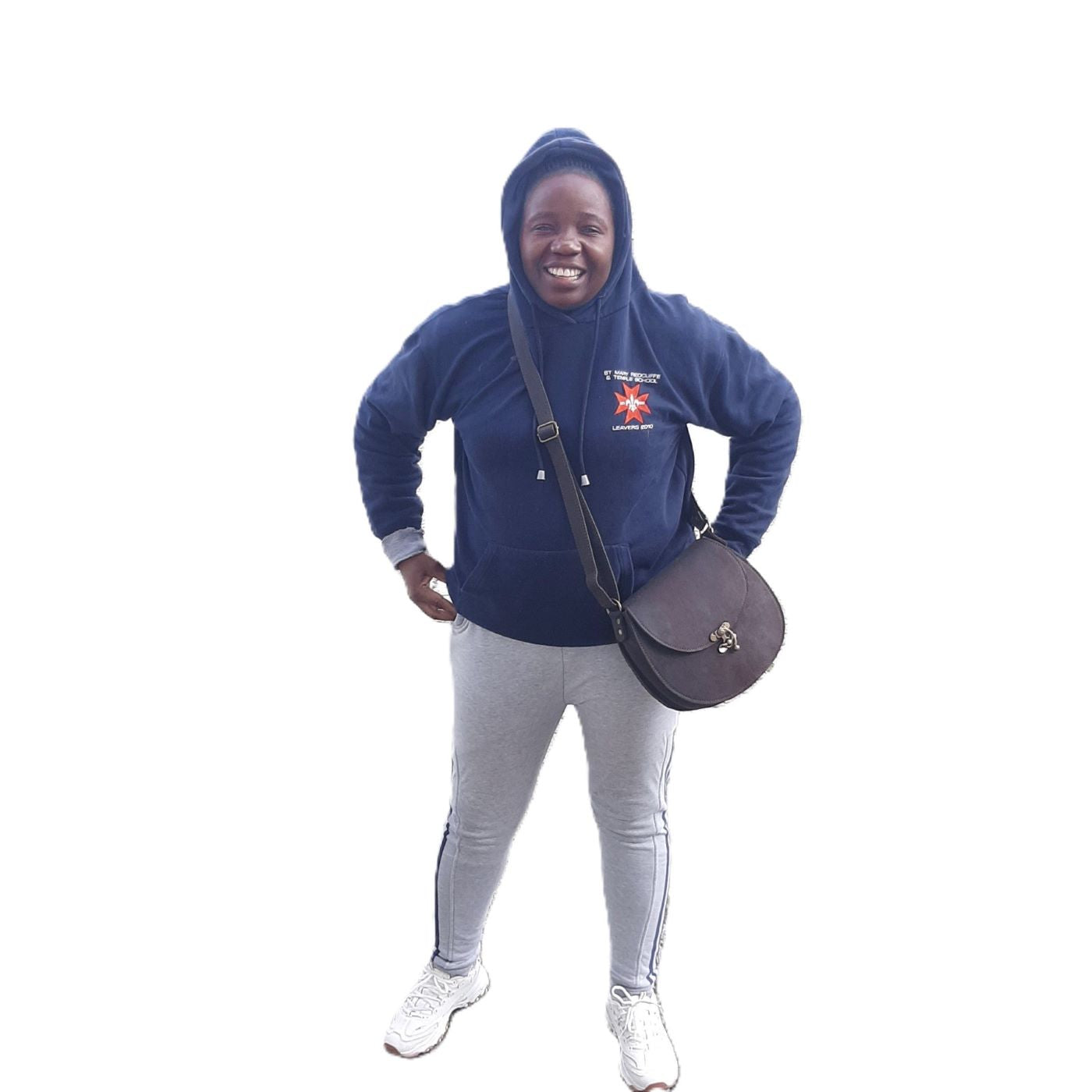 A beatiful lady carrying a beautiful Crossbody "D Bag big leather bags / Mini Sandle bags" from Cape Masai leather