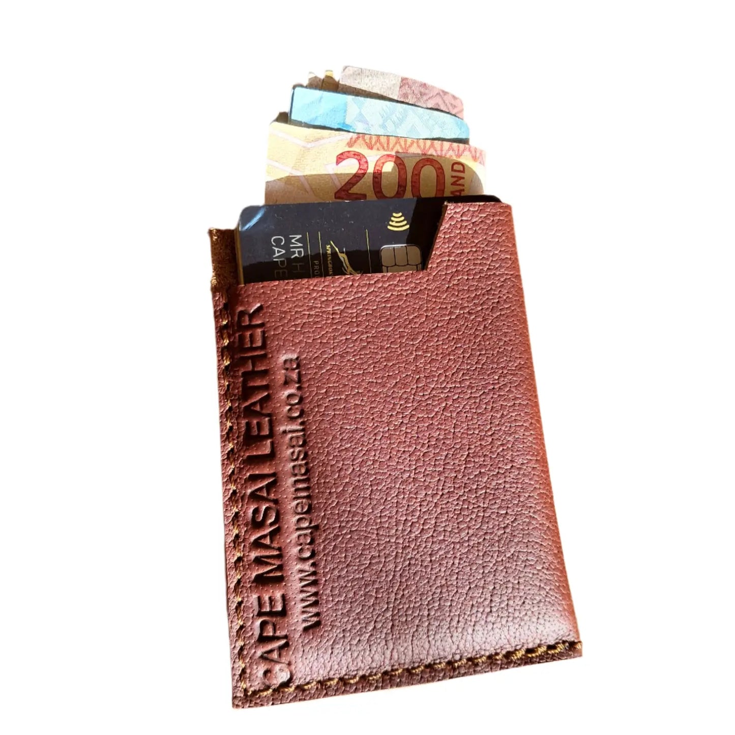 Genuine Leather Card Holder Wallet in Dark tan colour with cash and cards inside
