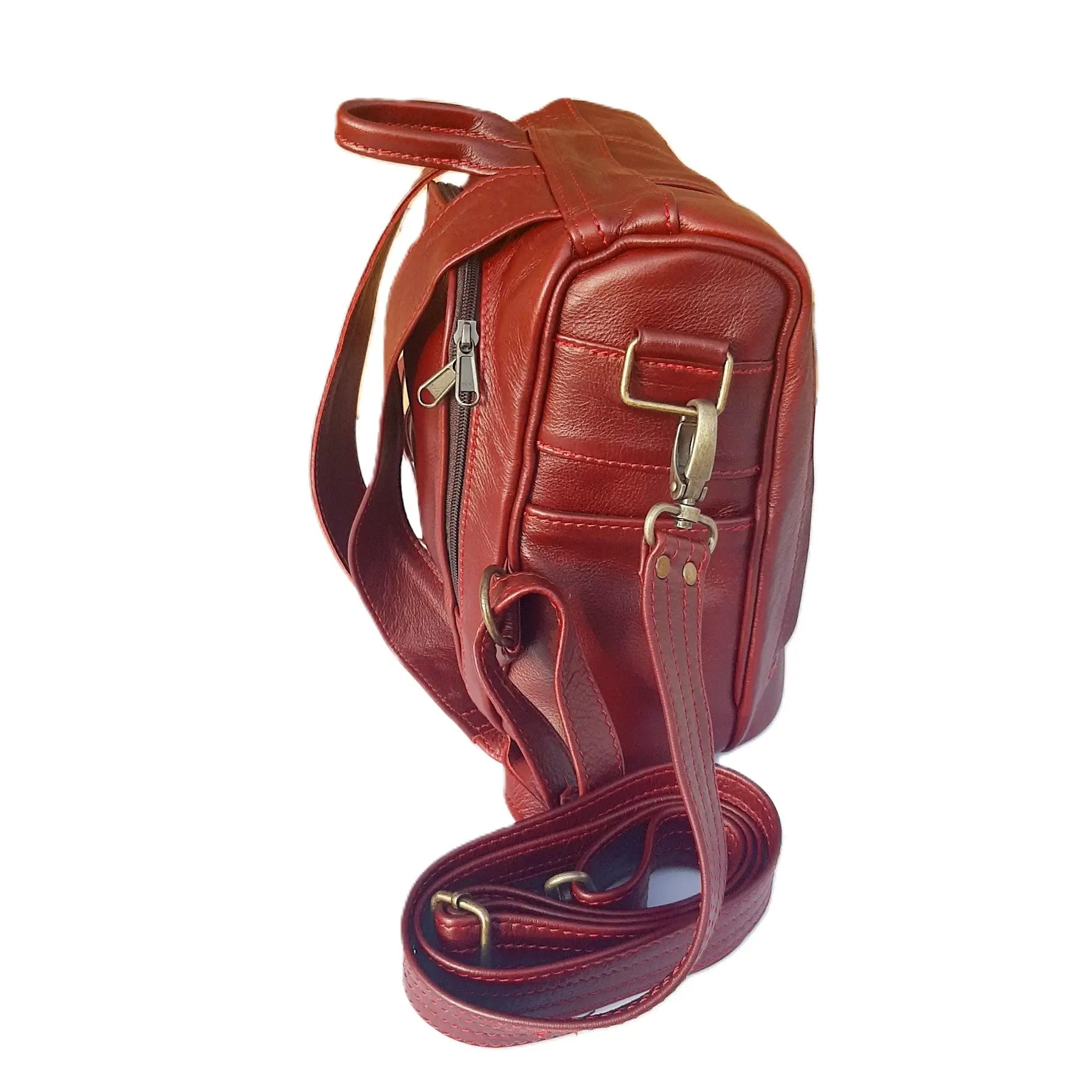 Helmare genuine leather backpack purse side view made cape Masai Leather in cherry red colour 