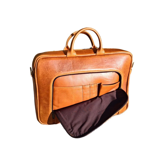 Iconic 15 inches leather briefcase with dual top handles, a front organizer pocket, and a dark brown interior lining, shown on a plain white background.