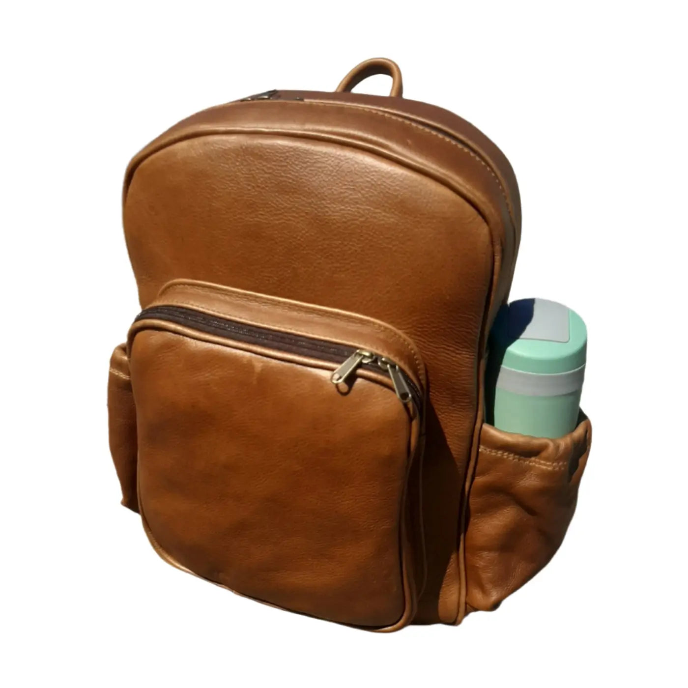 Ilone Laptop backpacks 15 inches in pecan tan with a coffee mug in side pockets