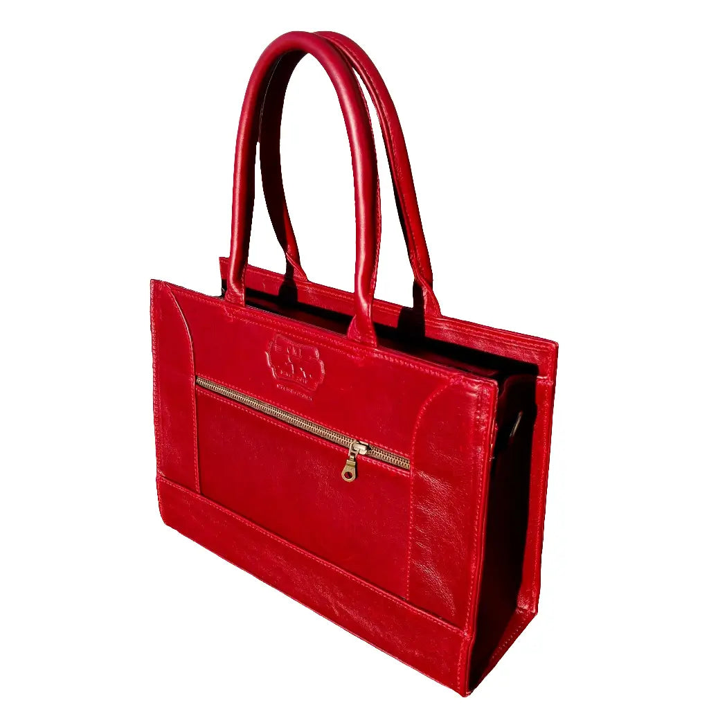 Kirstein 14" Laptop bag in cherry red colour with a gold zipper on a white background