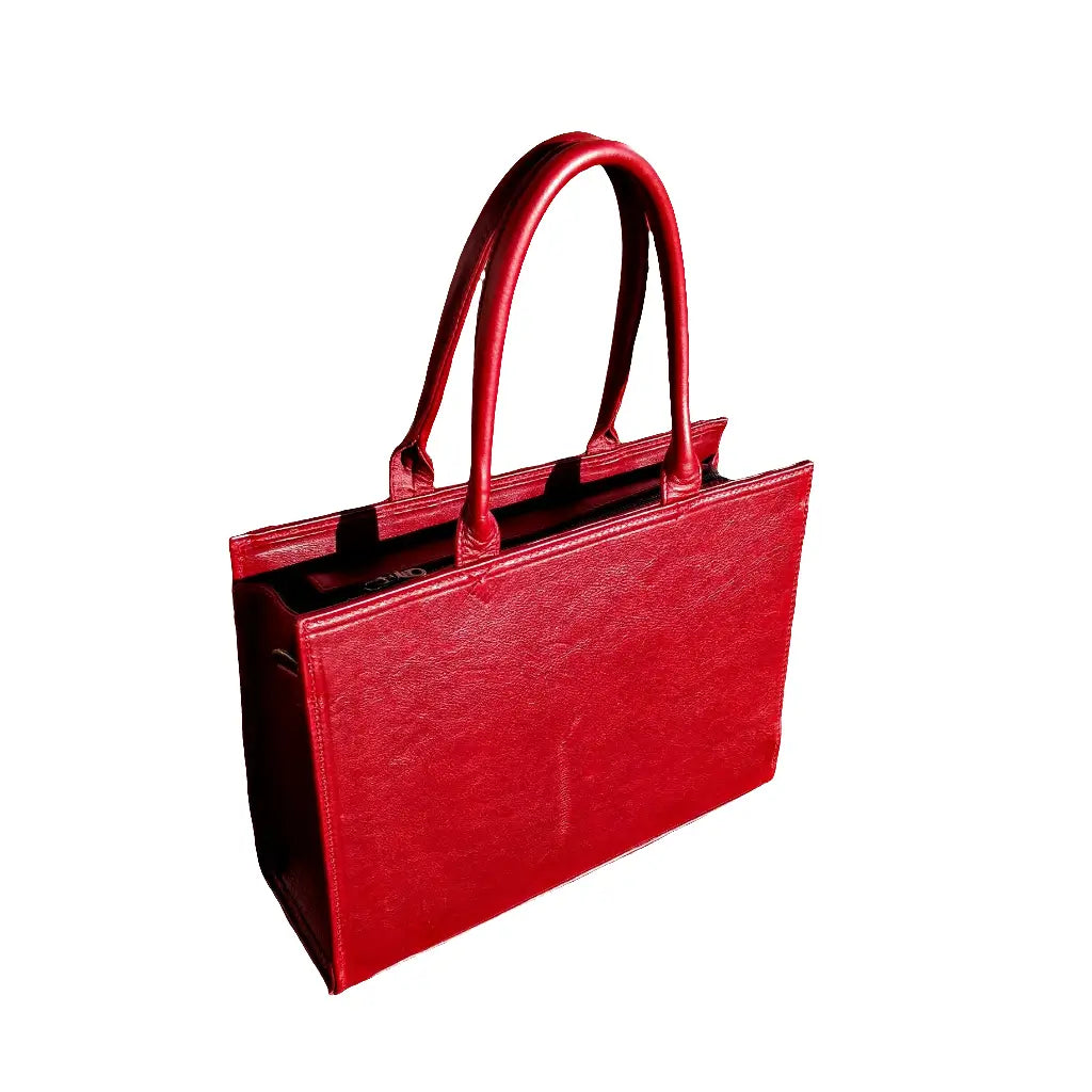 Kirstein 14" Laptop bag in cherry red colour with a gold zipper on a white background