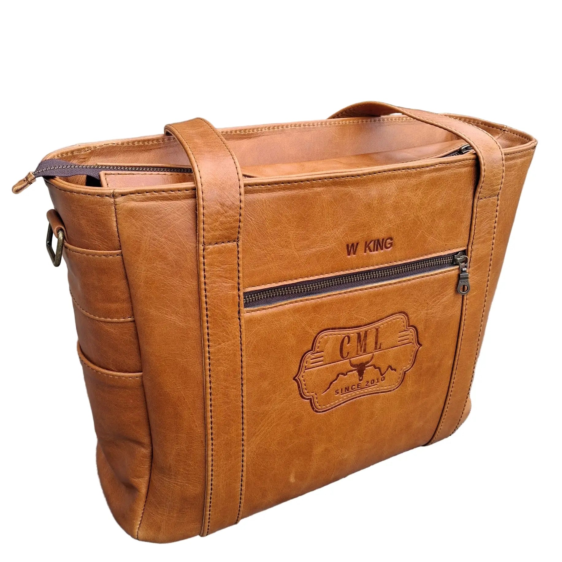 Ladies Laptop bags with CML logo and embossed personalised W KING on top of front zip
