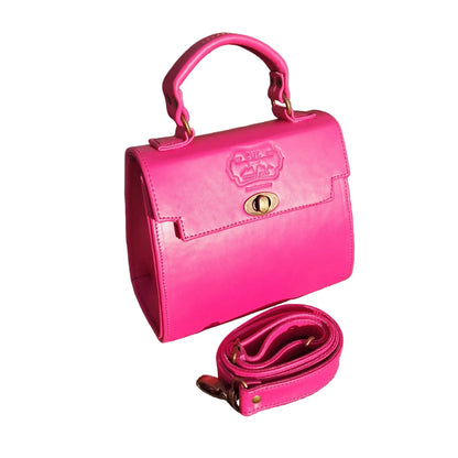 Pink Lawrene designer handbag with a gold clasp on a white background