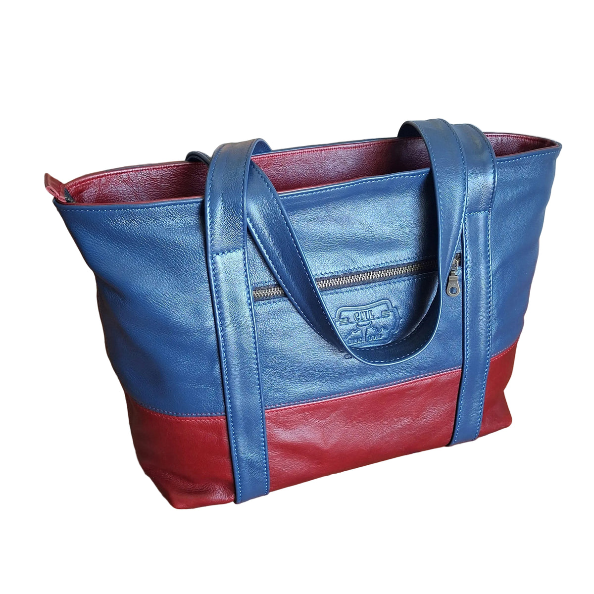 Linda Shopping leather bags in Cherry red & navy blue by cape Masai Leather