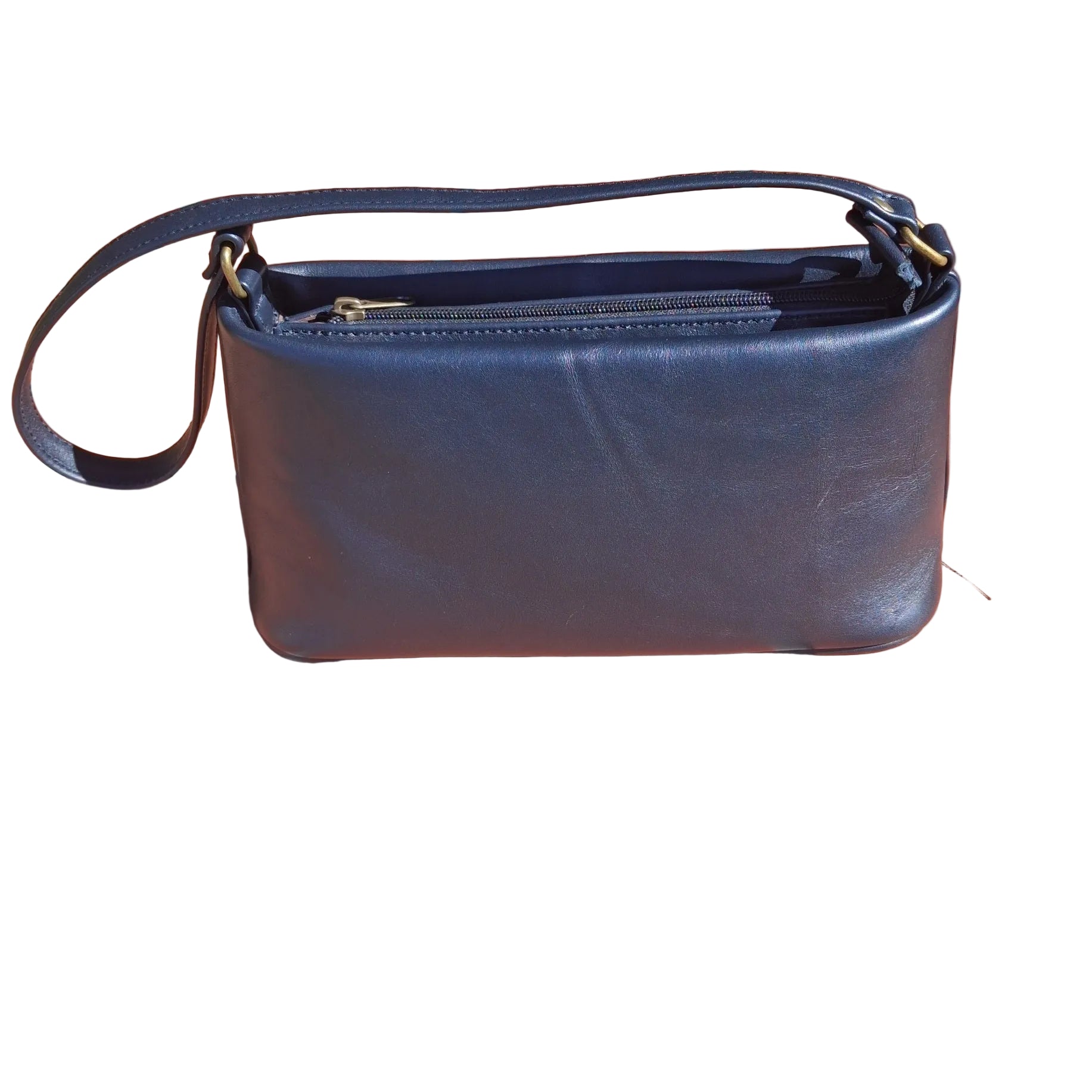 A dark navy blue Lucy Women's Genuine Leather Mini Shoulder w a top zipper and a single strap