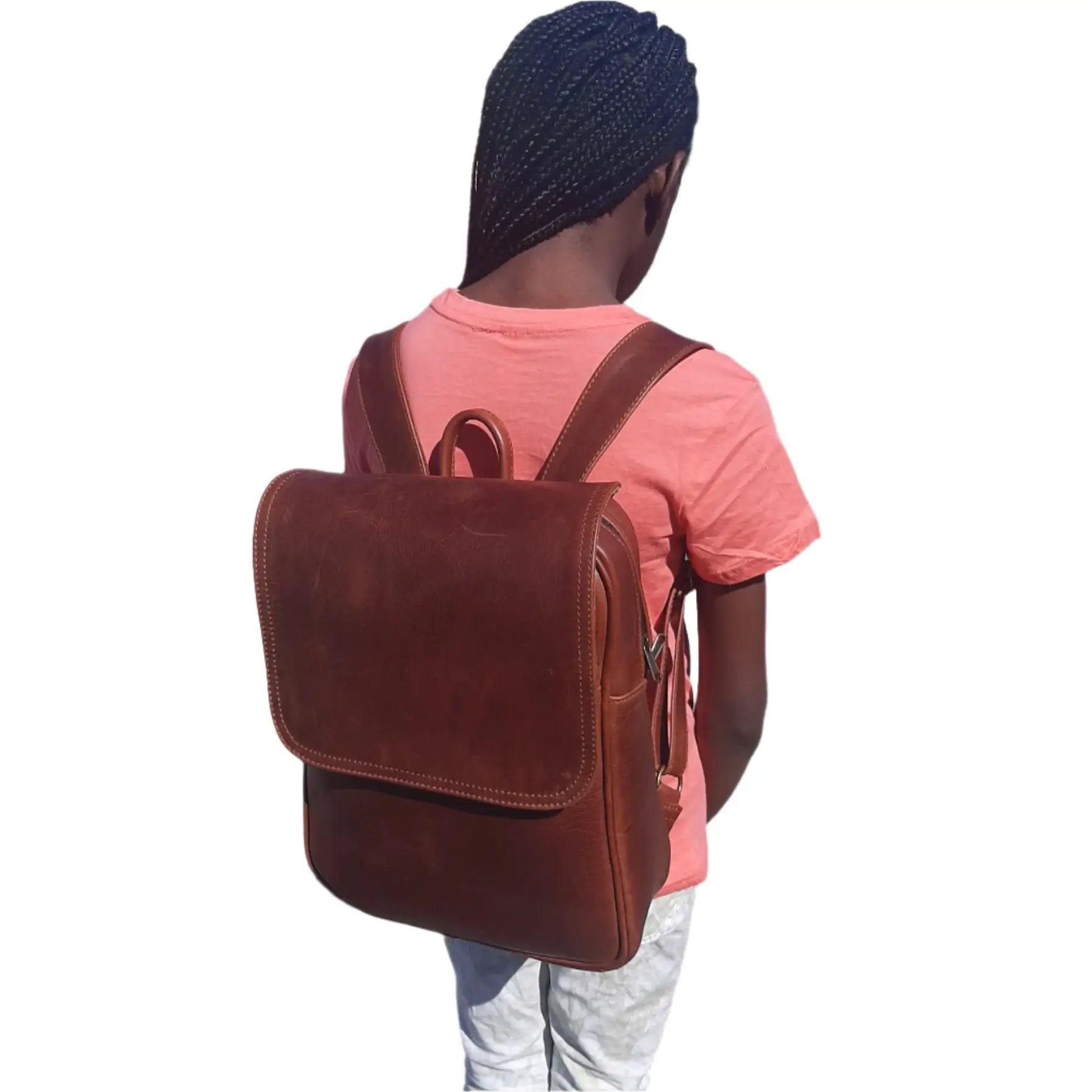A lady carrying Masai Leather Laptop Backpack 14 Inches in Pitstop cigar