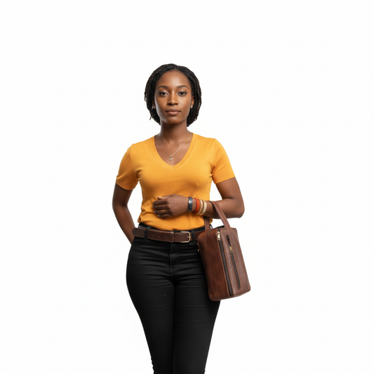 A lady carrying a toiletry-bags in pitstop cigar colour
